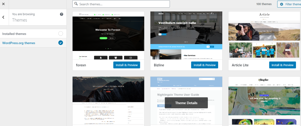Search for the WordPress theme