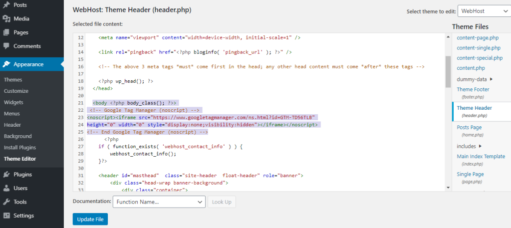 Install Google Code into header php
